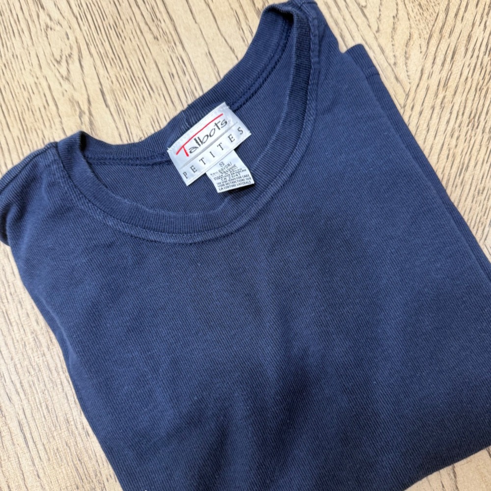 Talbots Petites Womens Size Small Navy Blue Ribbed Crew Neck Short Sleeve Tee
